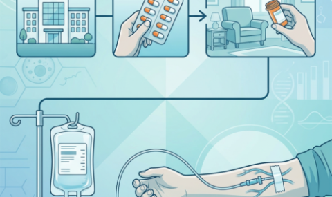 Illustration showing hospital care, pills, home medication, and intravenous treatment