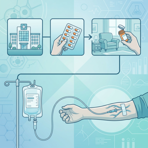 Illustration showing hospital care, pills, home medication, and intravenous treatment